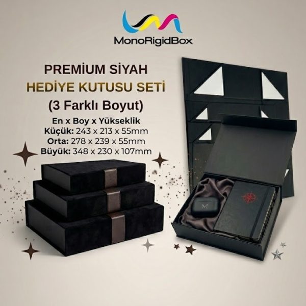 Mono Katlanabilir Mıknatıslı Hediye Kutusu Siyah, Premium Mukavva Sunum ve Saklama Kutusu 3’lü Set